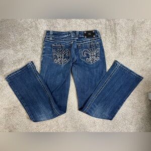 Miss Me Jeans Bootcut 30 Women’s Dark Wash Fleur De Lis Design Rhinestone Stud